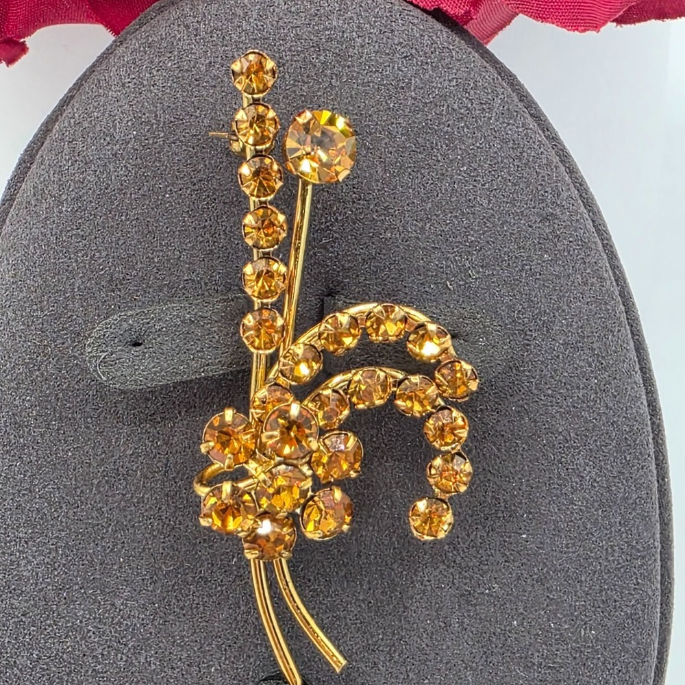 Vintage Austrian Amber Rhinestone Floral Spray Brooch Pin Gold Tone Signed - Picture 5 of 9